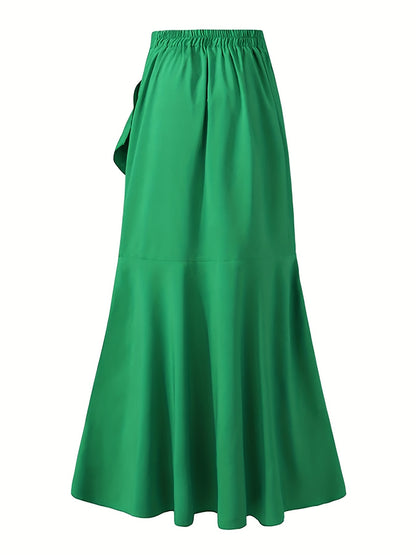 Plus Size Elegant Skirt, Women's Plus Tie Front Ruffle Trim Wrap Hem Solid Maxi Skirt