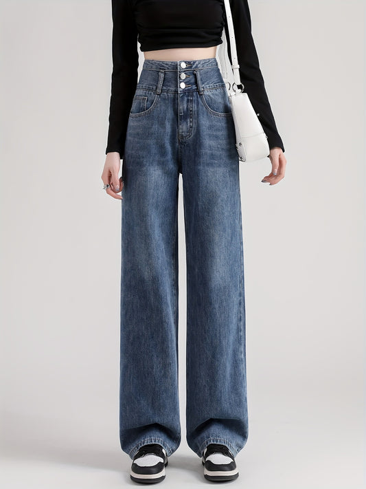 Sixsr Blue High Waist Straight Jeans, Loose Fit Single Breasted Button Versatile Wide Legs Jeans, Women's Denim Jeans & Clothing