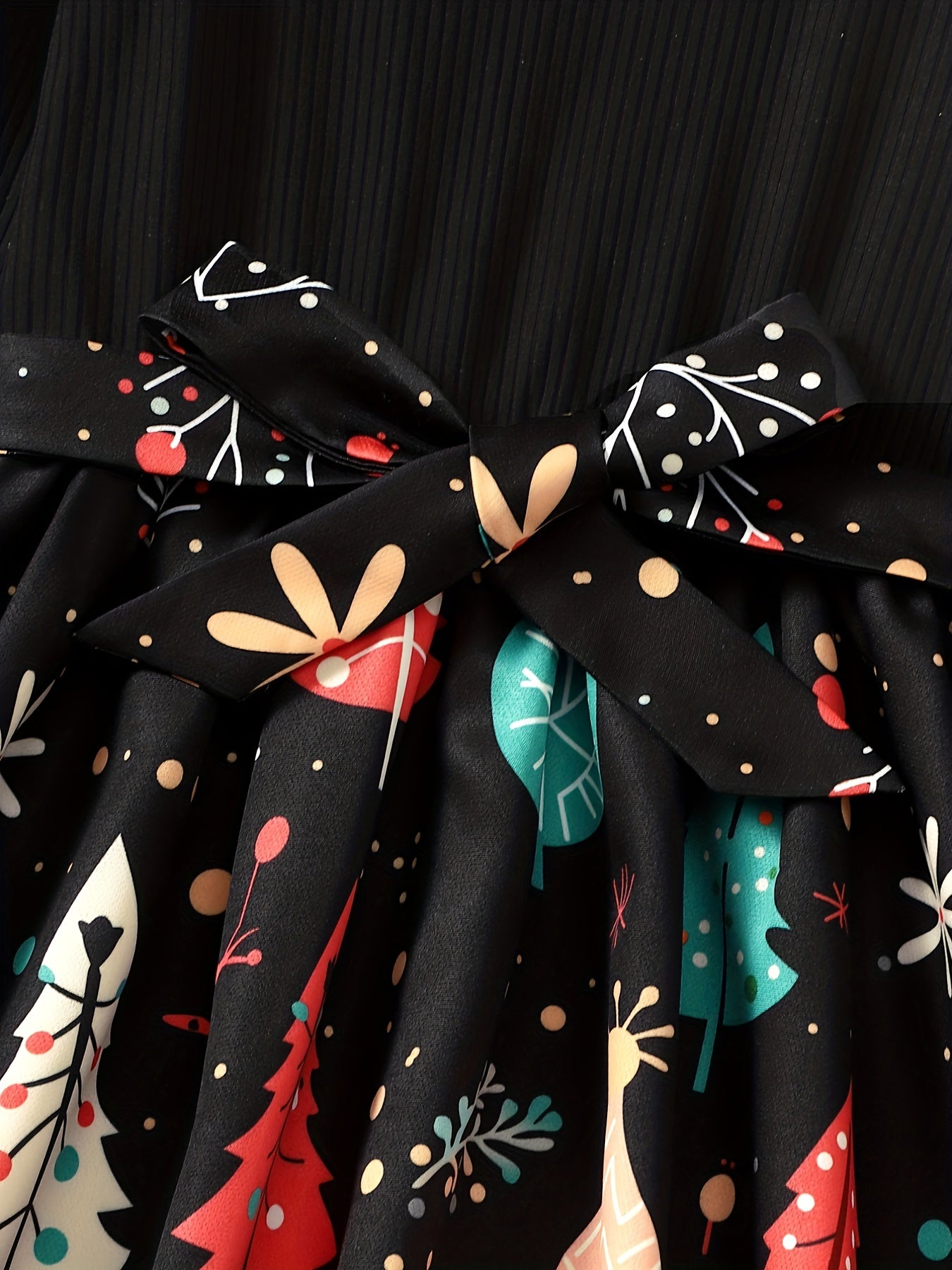 Long Sleeve Girls Christmas Tree Graphic Dress With Bow Belt For Fall Party