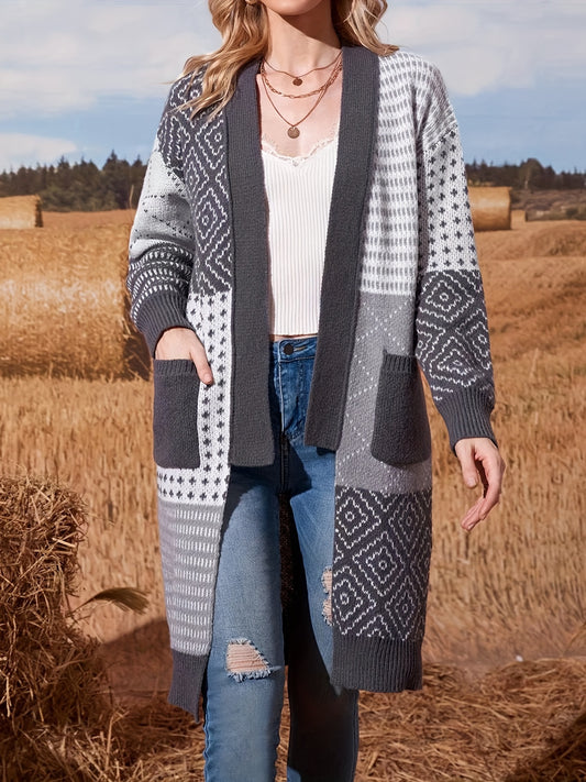 Sixsr Color Block Open Front Cardigan, Casual Long Sleeve Cardigan For Fall & Winter, Women's Clothing