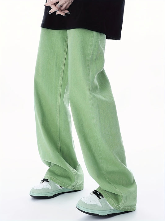 Sixsr Green Loose Fit Straight Jeans, Non-Stretch Slant Pockets Casual Wide Legs Jeans, Women's Denim Jeans & Clothing