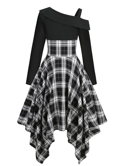 Plaid Asymmetrical Hem Dress, Vintage Cold Shoulder Long Sleeve Dress, Women's Clothing