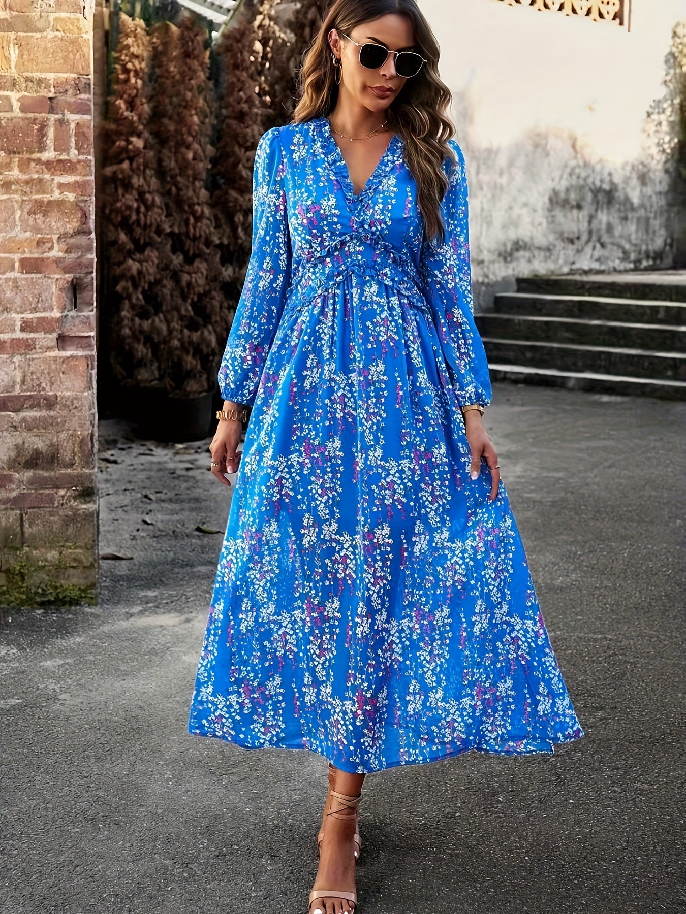 Sixsr Floral Print Maxi Dress, Casual V Neck Long Sleeve Dress, Women's Clothing