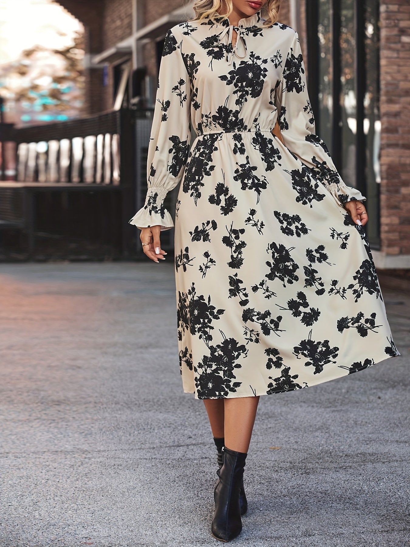 Floral Print Tie Front Dress, Elegant Cinched Waist Long Sleeve Dress, Women's Clothing