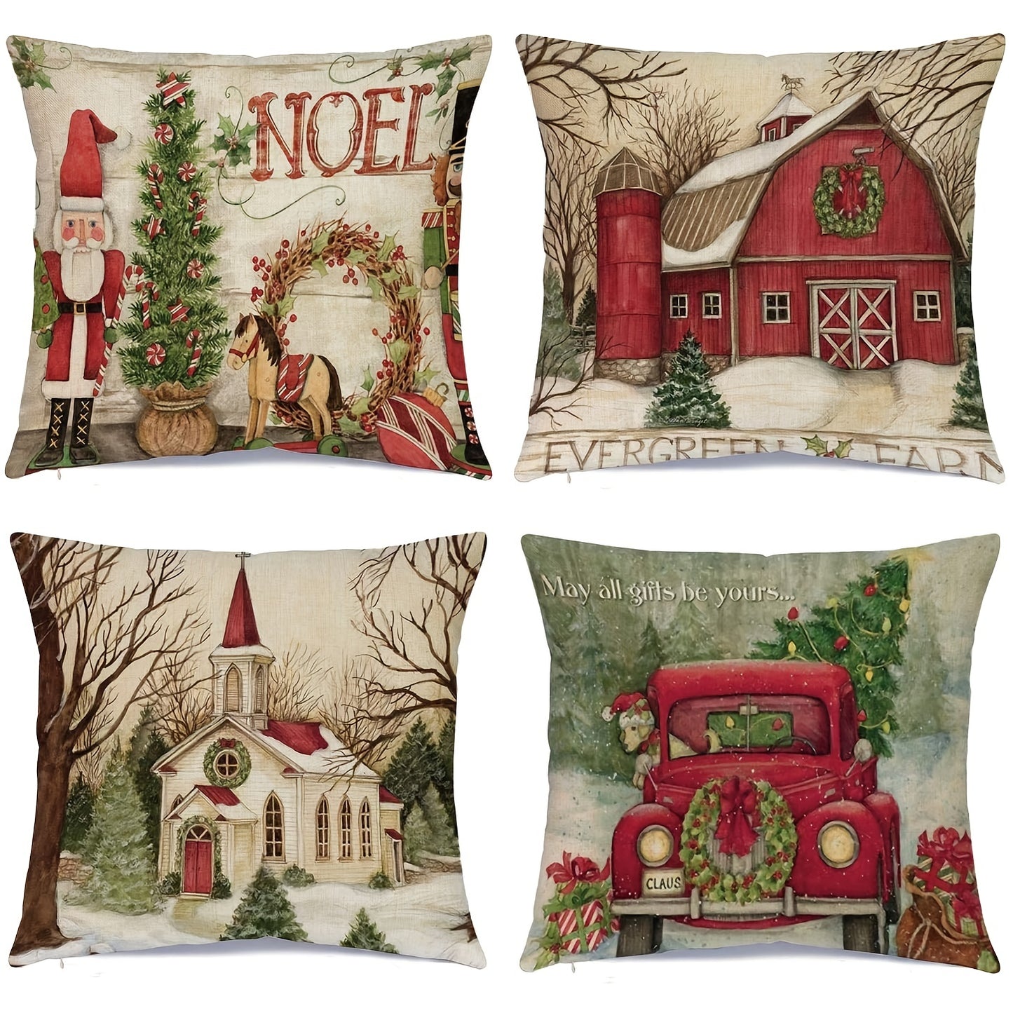 4pcs/set, Christmas Linen Throw Pillow Case, Square Cushion Case, Decorative Pillow Cover For Living Room Bedroom Couch Sofa, Home Decor Room Decor Party Decor Single-Sided Printed No Pillow Insert 18inch X 18inch