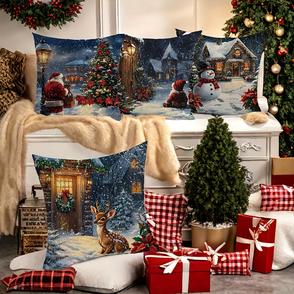JIT Set of 4 Christmas Pillow Covers – Contemporary Hand Washable Throw Pillowcases with Santa, Gnome, Snowman, & Deer Prints – Zippered Polyester Cushion Covers for Living Room Decor, 18x18 Inches