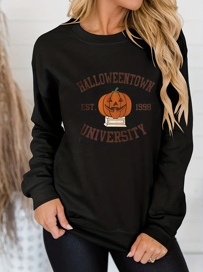 Sixsr Plus Size Halloween Casual Sweatshirt, Women's Plus Pumpkin & Letter Print Long Sleeve Medium Stretch Pullover Top