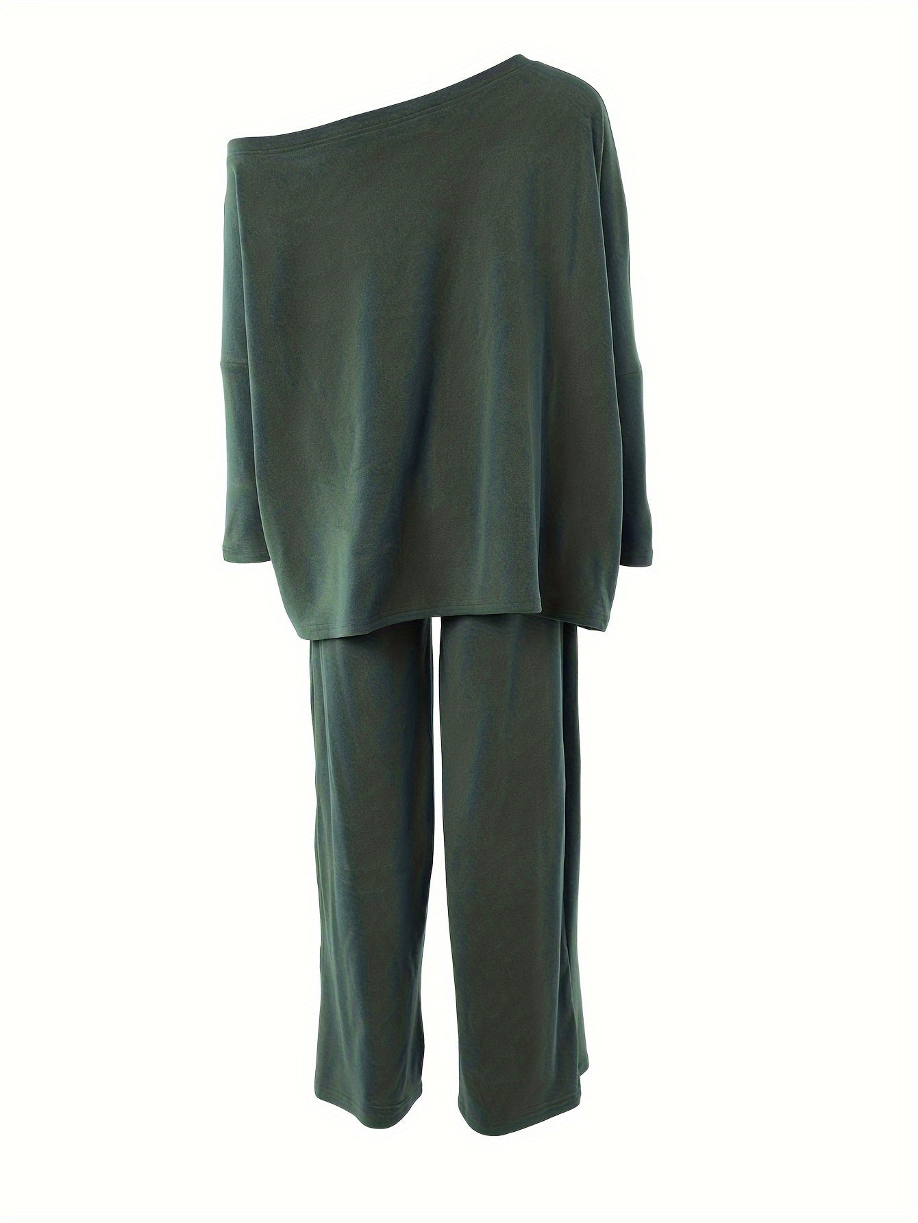 Sixsr Casual Solid Two-piece Set, One-shoulder Loose Top & Wide Leg Pants Outfits, Women's Clothing