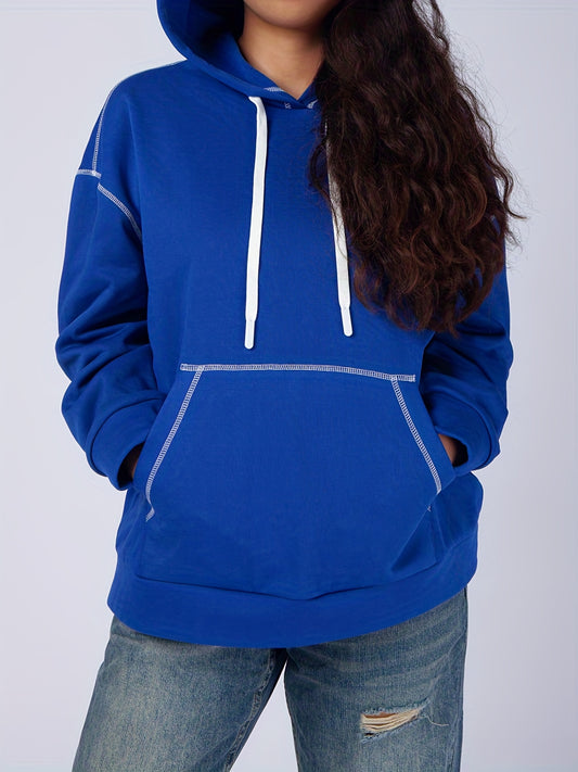 Sixsr Plus Size Casual Sweatshirt, Women's Plus Solid Pipping Long Sleeve Drawstring Hoodie