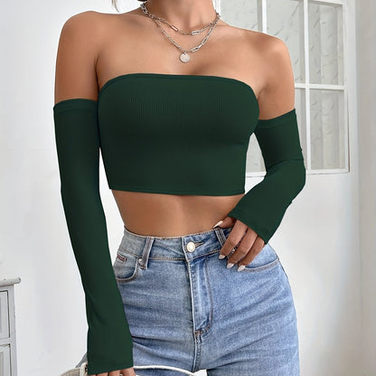 Sixsr Y2K Off Shoulder Solid Crop Top, Sexy Long Sleeve Bodycon Fit T-shirt, Women's Clothing