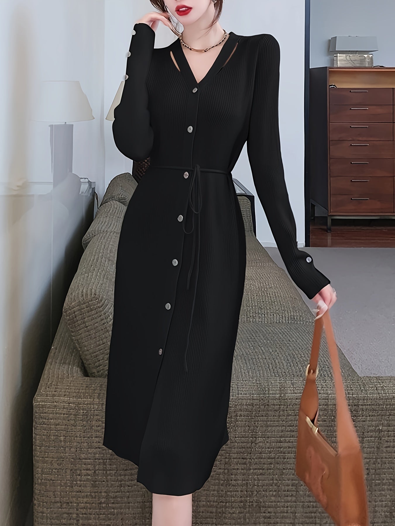 Sixsr Button Front Solid Midi Dress, Elegant V Neck Long Sleeve Dress, Women's Clothing