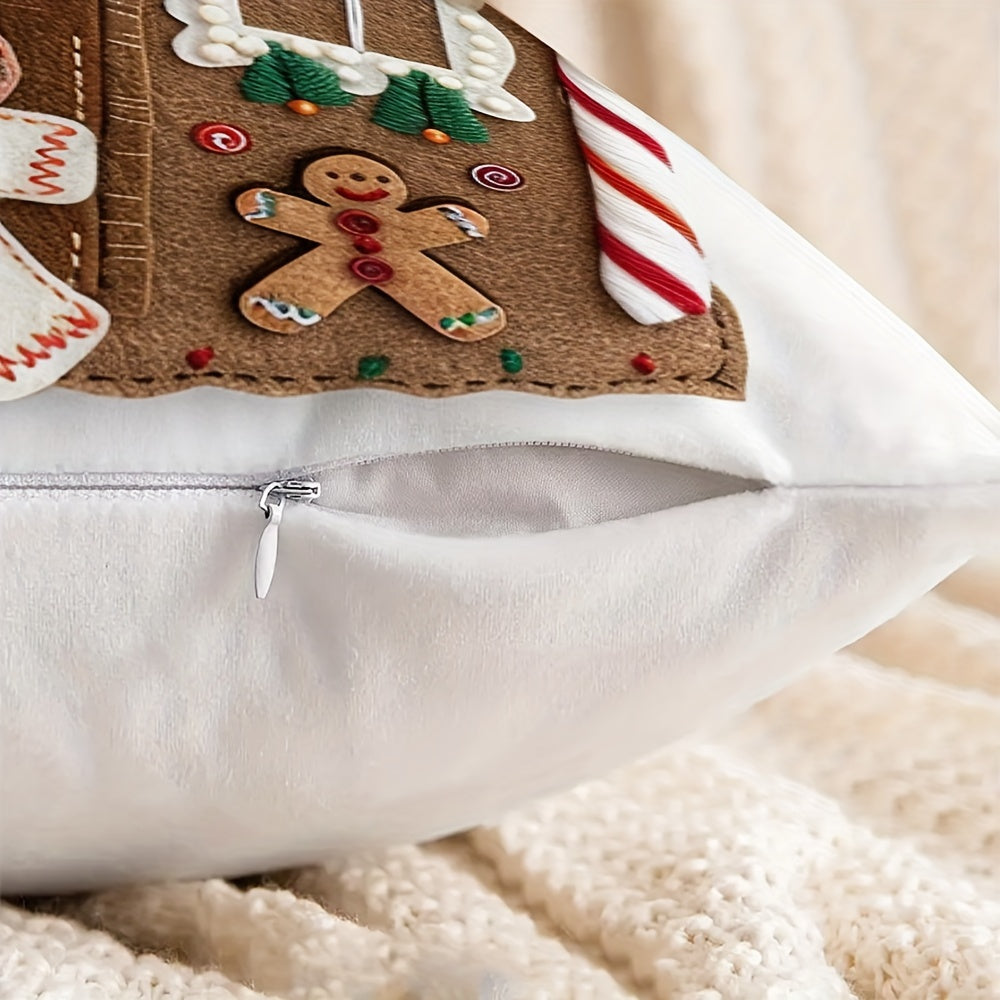 Festive 17.7" x 17.7" Christmas Gingerbread House Pillow Cover - Soft, Breathable, Machine-Washable, and Durable for Sofa, Living Room, Bedroom Home Decoration - Perfect for Holiday Season, No Pillow Insert Included