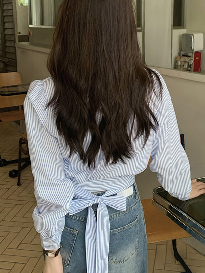 Sixsr Striped Print Lapel V-neck Crop Blouse, Casual Tie Back Long Sleeve Blouse For Spring & Fall, Women's Clothing