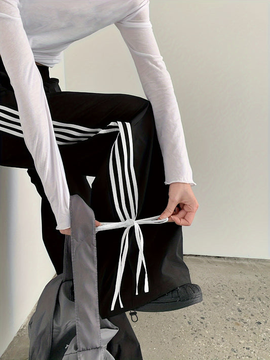 Sixsr Striped Print Loose Pants, Casual Bow Decor Pants For Spring & Fall, Women's Clothing