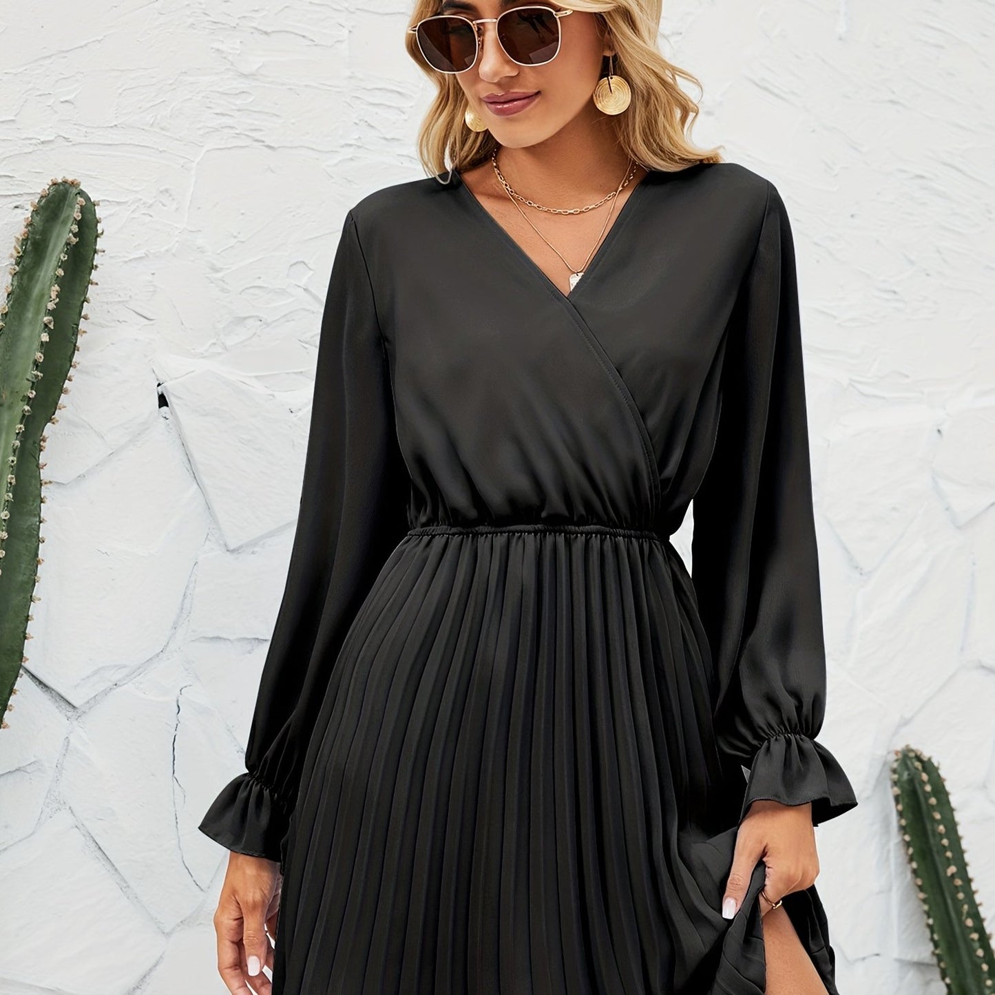 Sixsr Surplice Neck Pleated Dress, Elegant Long Sleeve Dress For Spring & Fall, Women's Clothing