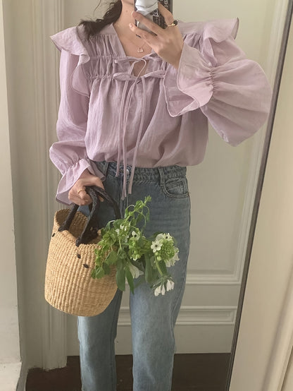 Sixsr Solid Ruffle Trim Tie Front Blouse, Sweet Long Sleeve Blouse For Spring & Fall, Women's Clothing