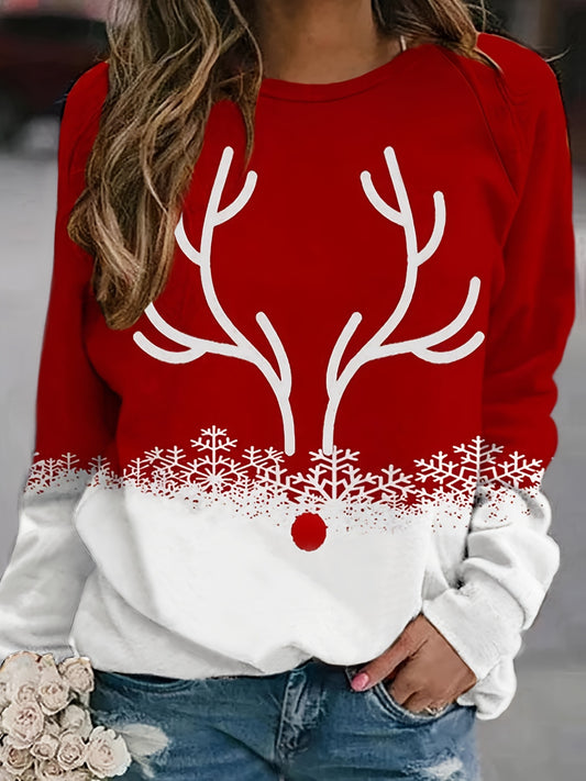 Sixsr Plus Size Christmas Casual Sweatshirt, Women's Plus Snowflake & Antler Print Long Sleeve Round Neck Medium Stretch Pullover Top