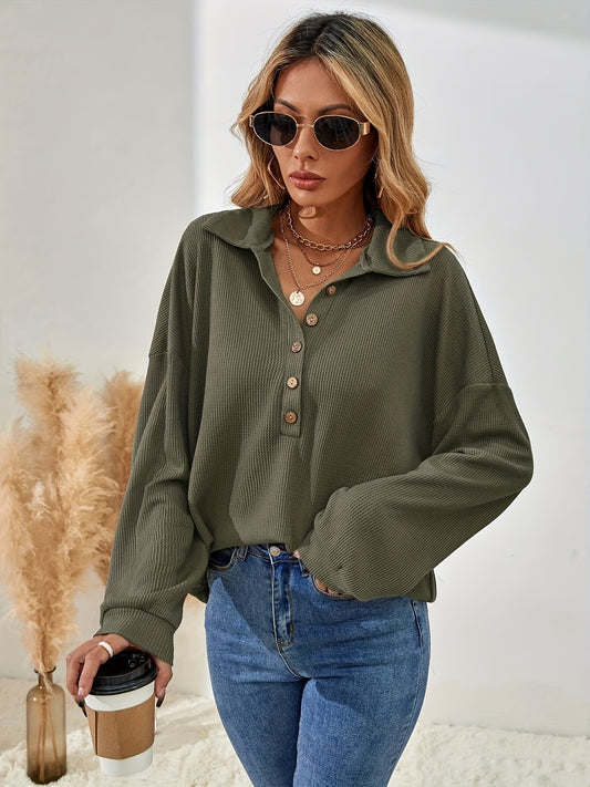 Sixsr Textured Half Button Pullover Sweatshirt, Casual Long Sleeve Lapel Sweatshirt For Fall & Winter, Women's Clothing