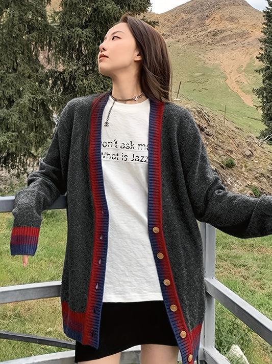 Sixsr Contrast Trim Button Down Knit Cardigan, Casual Long Sleeve Loose Sweater, Women's Cothing