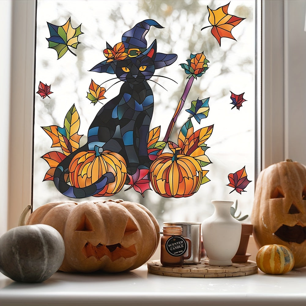 Festive Halloween Wall Decal: Black Cat, Pumpkins, and Fall Leaves - 38cm x 15inch - Contemporary Design - Self-Adhesive - Durable Vinyl - Perfect for Glass Windows and Doors