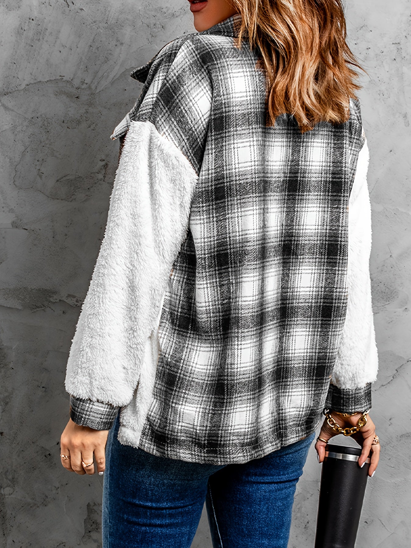 Sixsr Plaid Print Splicing Jacket, Casual Button Front Long Sleeve Outerwear, Women's Clothing