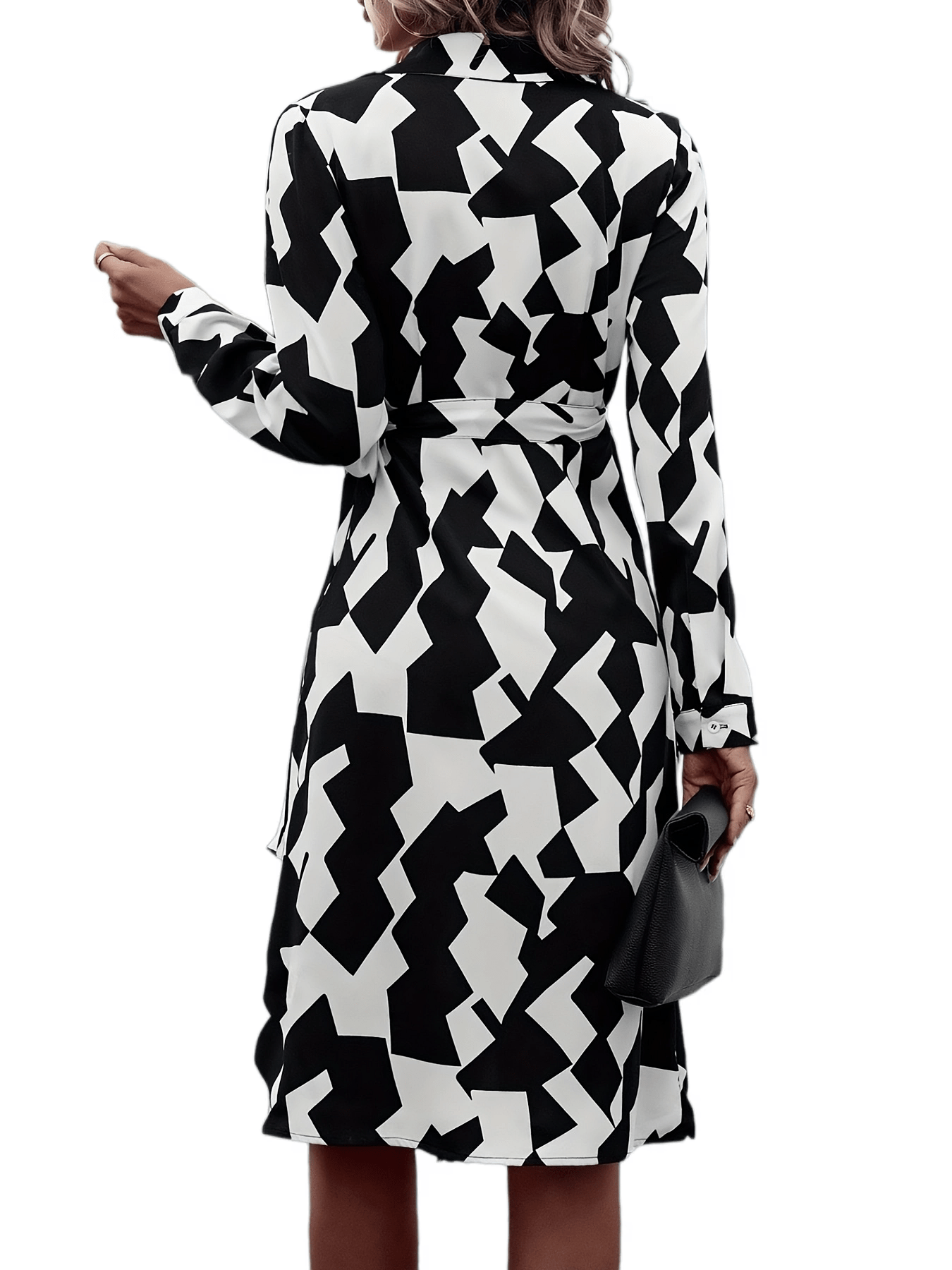 Sixsr Geo Print Wrap V Neck Dress, Elegant Long Sleeve Dress For Spring & Fall, Women's Clothing