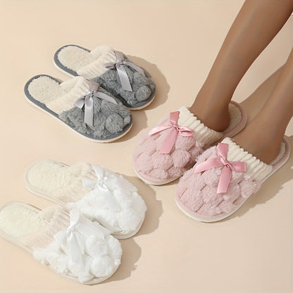 Cozy Warm Slippers - Soft, Slip-Resistant, Fluffy, Flat, Bowknot Decorated, Plush, Winter Shoes for Cold Weather - Indoor, Outdoor, Non-Slip, Comfortable, Easy Slip-On Design