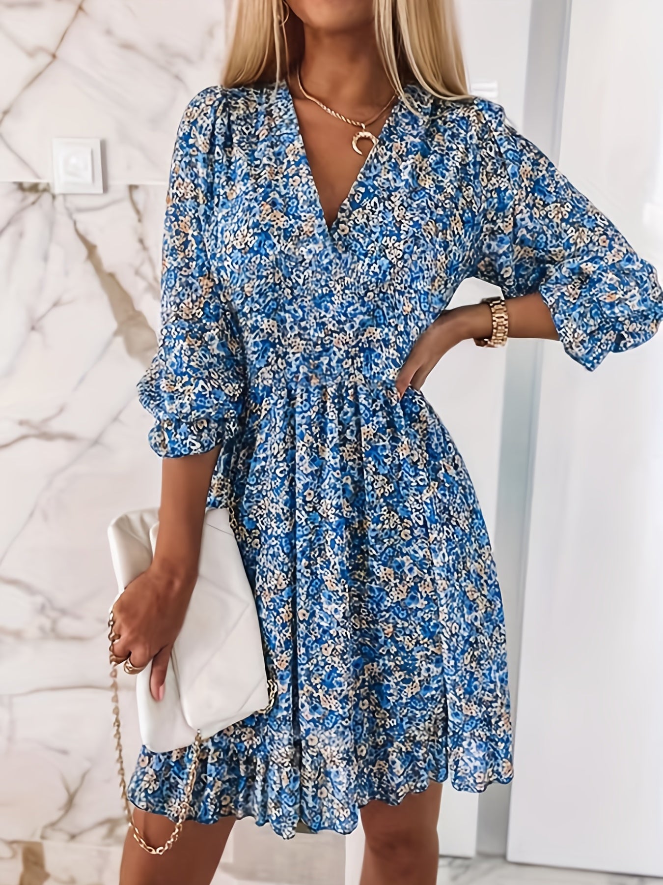 Floral Print Shirred Waist Dress, Casual V Neck Dress For Spring & Summer, Women's Clothing