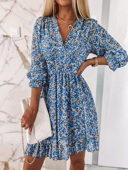 Floral Print Shirred Waist Dress, Casual V Neck Dress For Spring & Summer, Women's Clothing