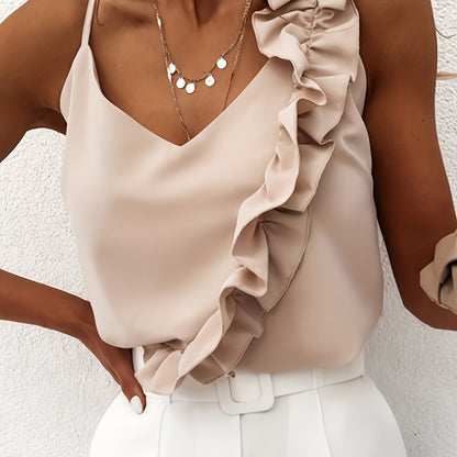 Ruffle Hem Spaghetti Strap Top, Elegant V-neck Sleeveless Cami Top For Summer, Women's Clothing