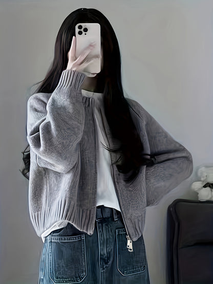 Sixsr Solid Zip Up Knit Cardigan, Casual Crew Neck Long Sleeve Sweater, Women's Clothing