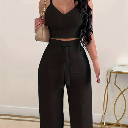 Casual Solid Two-piece Set, V-neck Shirred Crop Cami Top & Tie Waist Pants Outfits, Women's Clothing