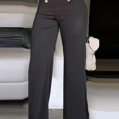 Sixsr Solid Wide Leg Pants, Casual High Waist Buttons Long Length Pants, Women's Clothing