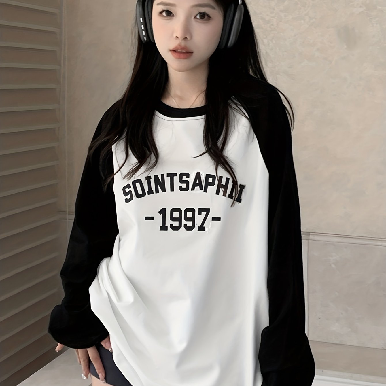 Sixsr Letter Print Color Block T-shirt, Casual Raglan Sleeve Crew Neck Top, Women's Clothing