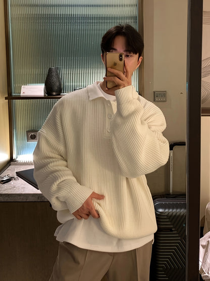 Sixsr Men's Stylish Loose Solid Knitted Sweater, Casual Breathable Long Sleeve Lapel Button Up Top For City Walk Street Hanging Outdoor Activities