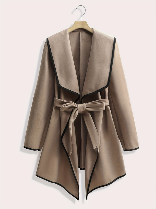Sixsr Plus Size Elegant Coat, Women's Plus Solid Long Sleeve Open Front Waterfall Collar Asymmetric Hem Overcoat With Belt