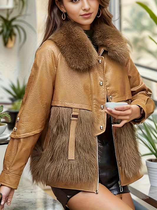 Sixsr Solid Color Zipper Front Coat, Elegant Lapel Neck Button Front Long Sleeve Coat For Winter, Women's Clothing