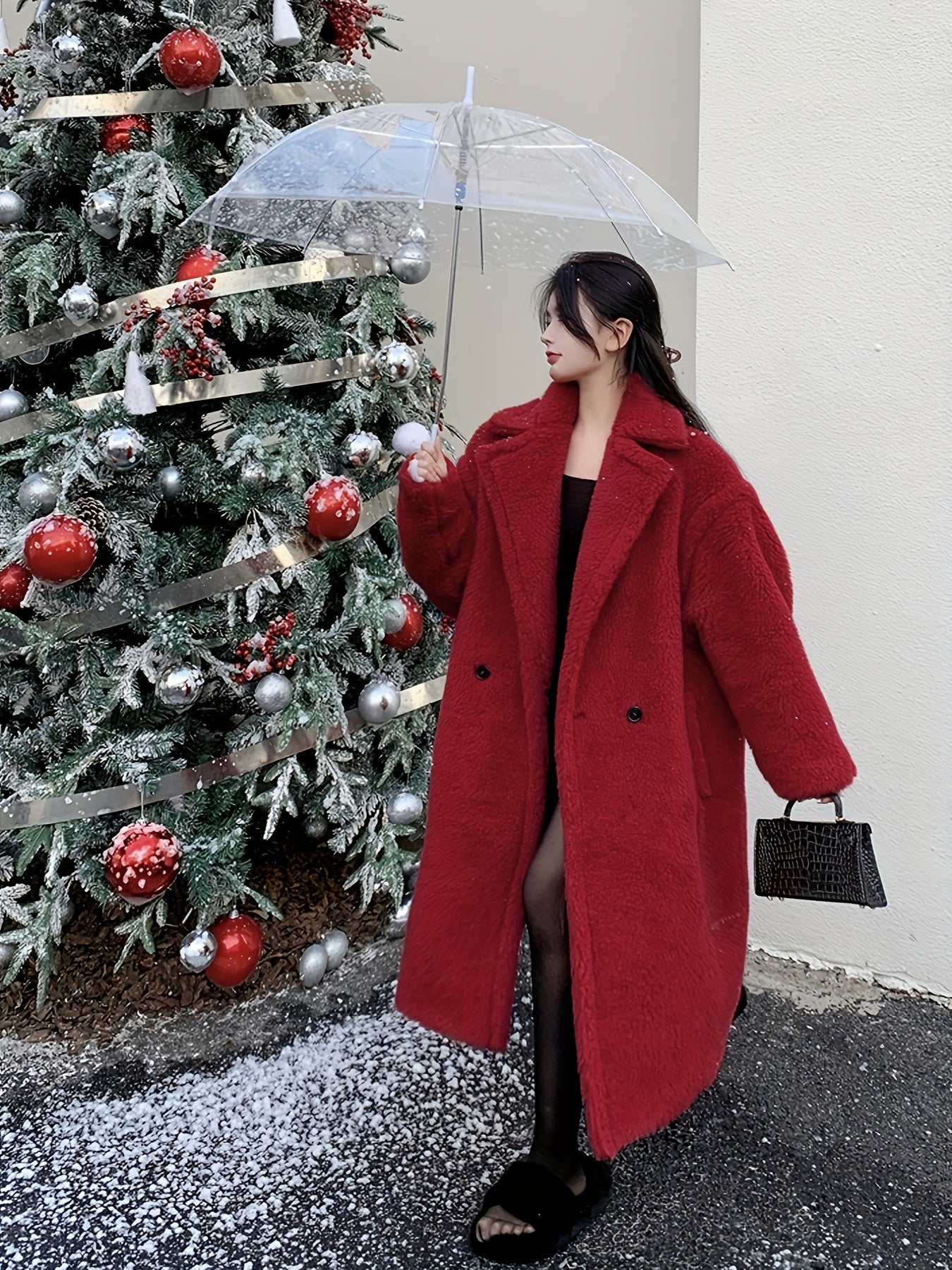 Sixsr Winter Lapel Teddy Overcoat, Long Length Solid Casual Coat, Women's Clothing