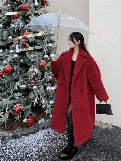 Sixsr Winter Lapel Teddy Overcoat, Long Length Solid Casual Coat, Women's Clothing