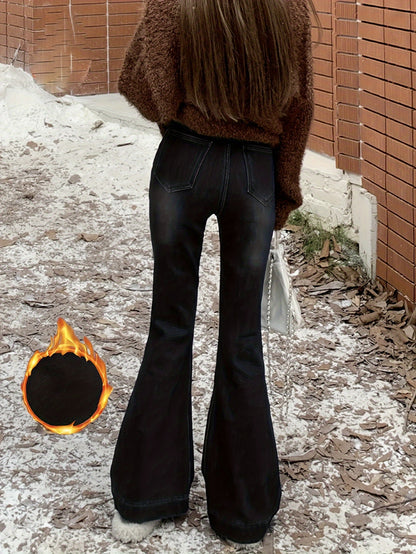 Sixsr Plush Lined Washed Flare Jeans, Keep Warm Stretchy Bell Bottom Jeans, Women's Denim Jeans & Clothing