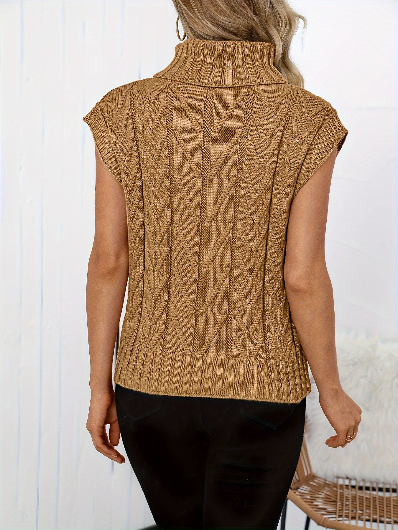 Sixsr Solid Turtle Neck Cable Knit Vest, Casual Sleeveless Loose Sweater, Women's Clothing