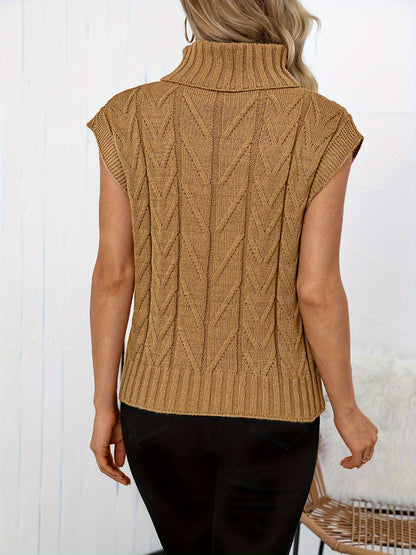 Sixsr Solid Turtle Neck Cable Knit Vest, Casual Sleeveless Loose Sweater, Women's Clothing