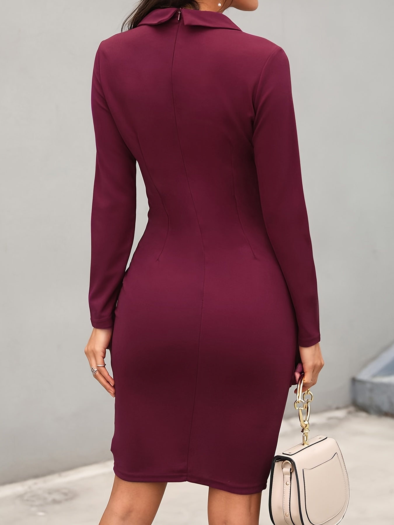 Solid Lapel Bodycon Dress, Long Sleeve Business Office Dress For Spring & Summer, Women's Clothing