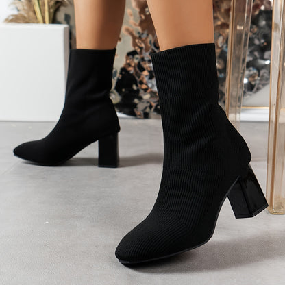 Sixsr Women's Breathable Knit Block Heels, Fashion Solid Color Sock Boots, Comfortable Slip On Dress Boots