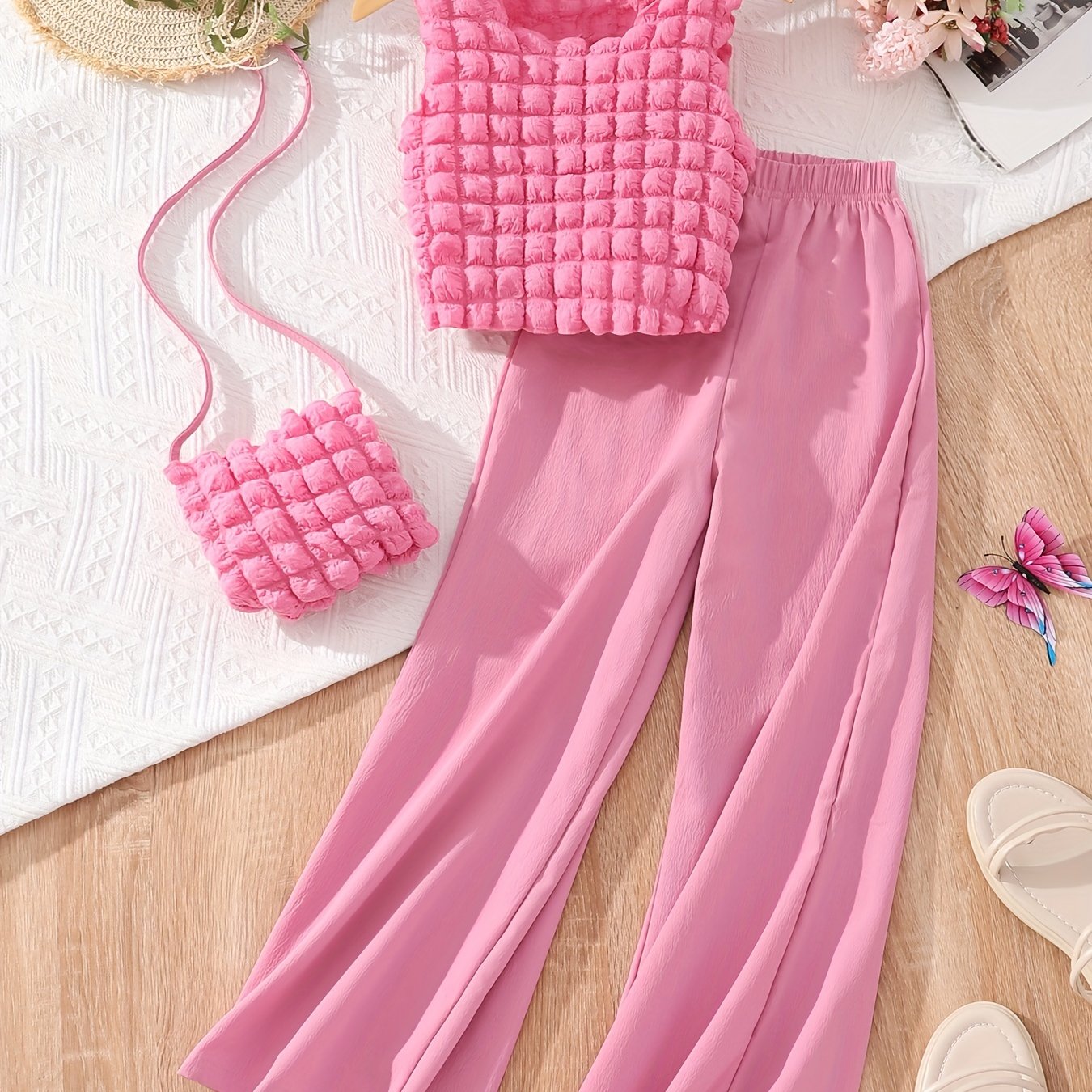 Girls 3pcs Round Neck Sleeveless Puff Textured Top & Long Pants & Crossbody Bag Solid Color Elegant Casual Kids Clothes For Spring And Summer