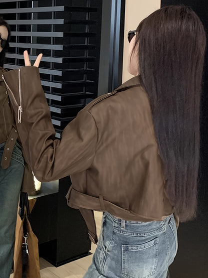 Sixsr Solid Zipper Lapel Belted Biker Jacket, Vintage Long Sleeve Crop Jacket For Fall & Winter, Women's Clothing