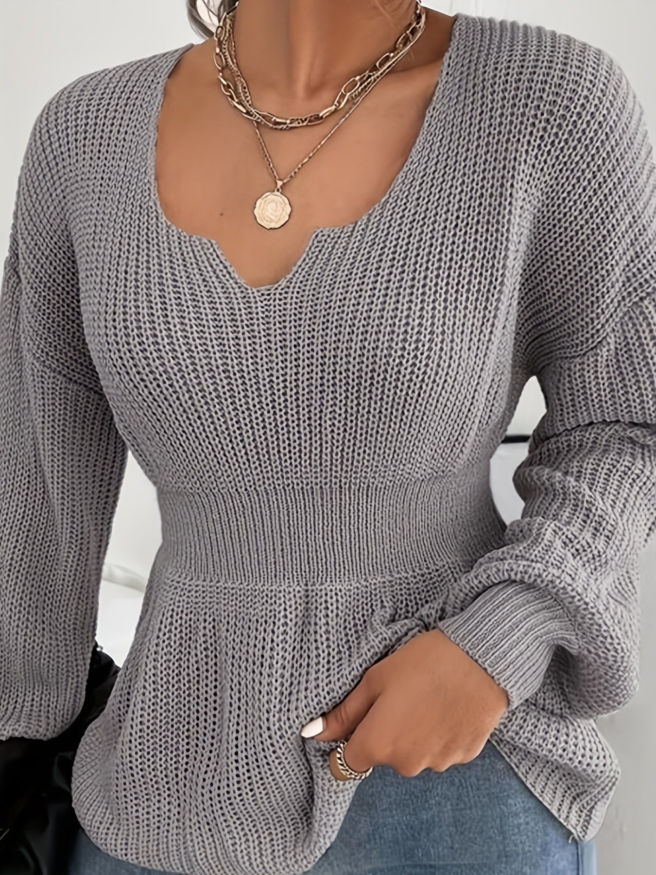 Sixsr Solid Notched Neck Knit Sweater, Elegant Cinched Waist Ruffle Long Sleeve Sweater, Women's Clothing