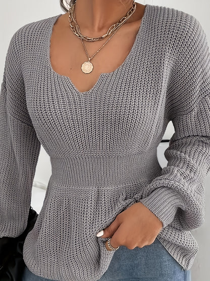 Sixsr Solid Notched Neck Knit Sweater, Elegant Cinched Waist Ruffle Long Sleeve Sweater, Women's Clothing