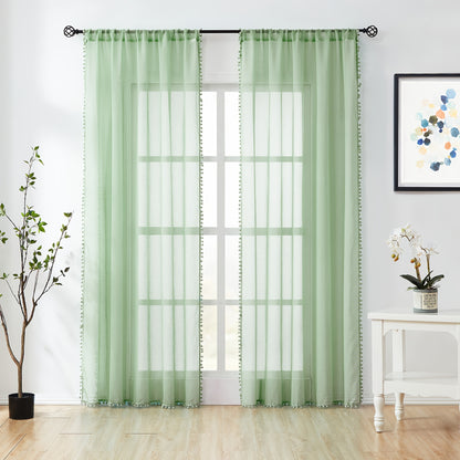 2pcs Heat Insulating Sheer Curtain with Pom Poms - Translucent Rod Pocket Window Treatment for Bedroom, Office, Kitchen, Living Room, Study - Home Decor