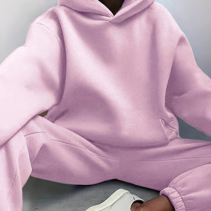 Sixsr Casual Solid Two-piece Set, Drop Shoulder Long Sleeve Hoodies & Elastic Waist Jogger Pants Outfits, Women's Clothing